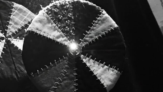 Black and white close up of handmade patchwork textile art with textured button embellishments and strong contrast light source
