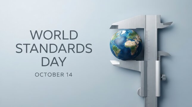 World standards day graphic with globe and measuring tape