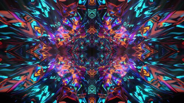 Slowly morphing psychedelic kaleidoscope pattern in turquoise and orange, long transition trance VJ loop
