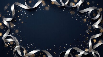 Fototapeta premium Silver ribbons and confetti framing on dark background with copy space for festive holiday celebration