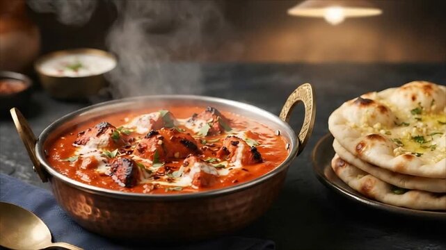 Steaming Indian curry served with naan bread. Restaurant meal featuring creamy tomato sauce and grilled chicken.