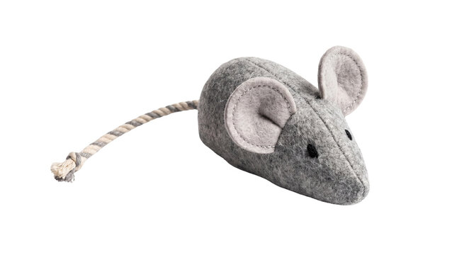 Gray felt cat toy mouse with rope tail, plush fabric pet toy for domestic cats play and entertainment isolated PNG with Transparent Background