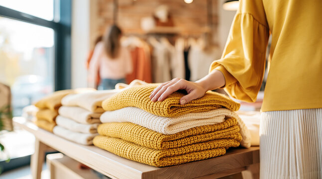 Woman's hand touching soft knitwear sweaters on display in a clothing store during an autumn shopping experience