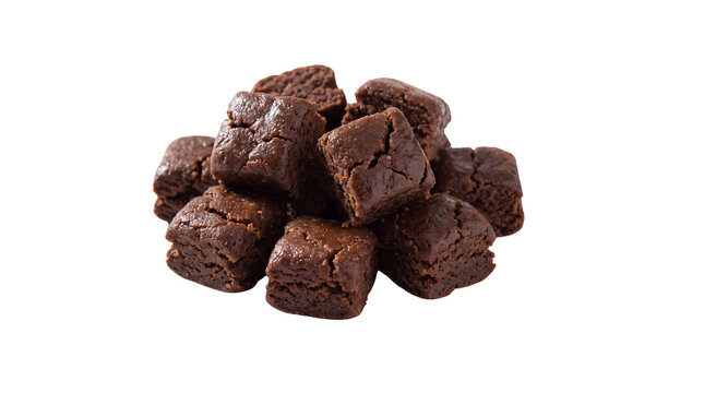 Delicious chocolate brownie bite cubes, chewy fudge cake bites, sweet dark chocolate confectionery treats isolated PNG with Transparent Background