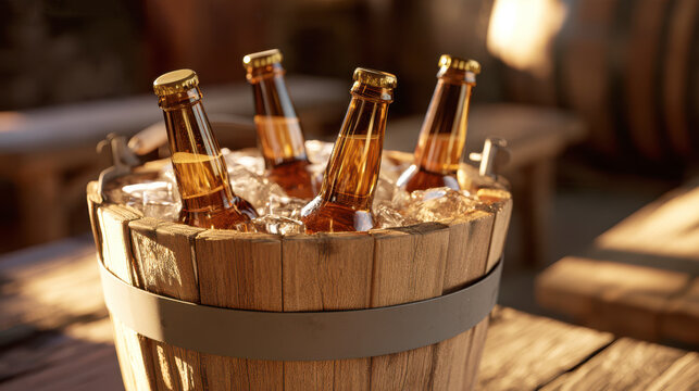 Beer bottles chilling in a wooden bucket with ice, refreshing drinks ready for a summer party