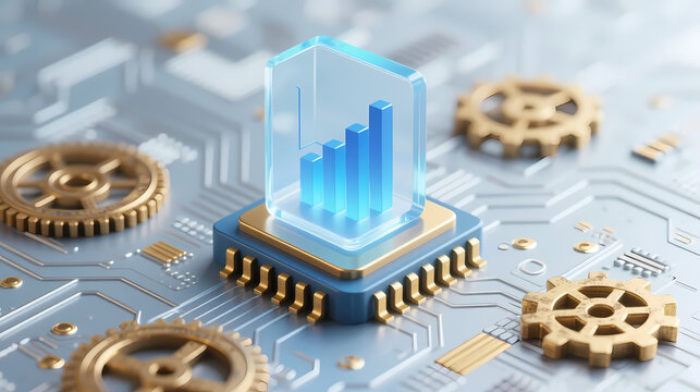 Blue 3d data chart on chip with golden circuit background