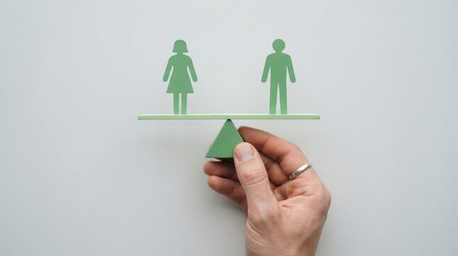Hand holding a balance scale with paper cutouts of a man and a woman, representing gender equality and balance in the workplace international day for tolerance