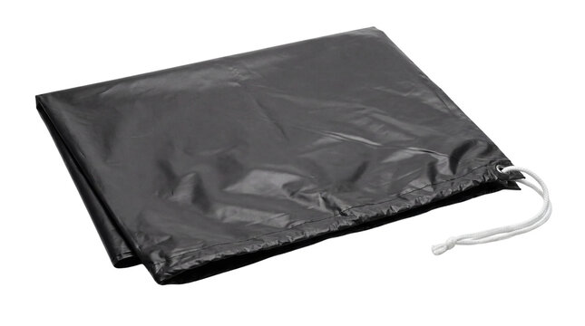 Black plastic trash bag with drawstring, folded heavy duty garbage bag, waterproof poly liner for waste management isolated PNG with Transparent Background