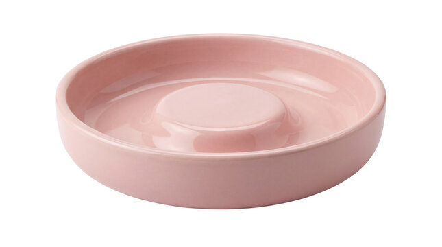Pink ceramic soap dish tray, minimalist porcelain bathroom accessory, modern round saucer plate for home decor isolated PNG with Transparent Background
