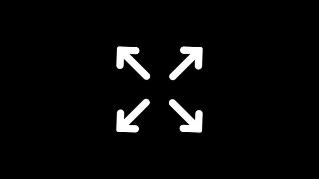 Animation Fullscreen icon with arrows pointing in four cardinal direction on transparent background. Alpha channel. Animated Video 4K