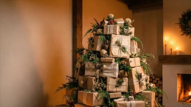 Rustic Christmas gift tree stacked with wrapped presents beside a fireplace. Festive holiday decor and seasonal celebration concept.