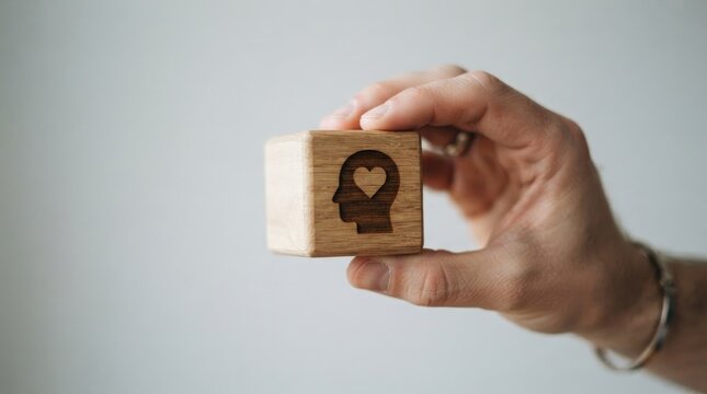 Hand holding a wooden block with a heart icon inside a human head silhouette, representing emotional intelligence and empathy international day for tolerance