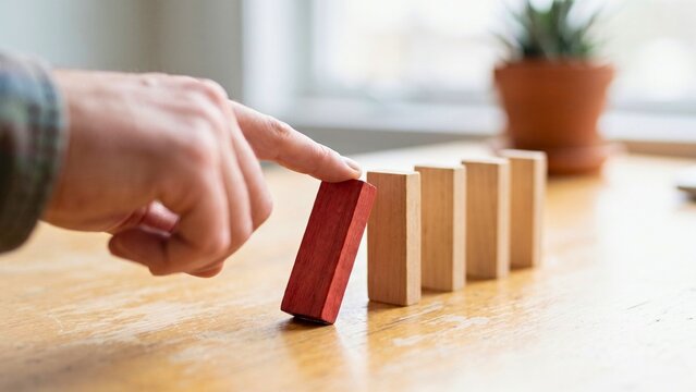 Finger pushing first wooden block to trigger chain reaction of falling dominoes representing cause and effect, risk management and business change