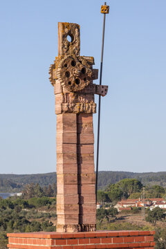 Abstract warrior sculpture overlooking almourol viewpoint portugal