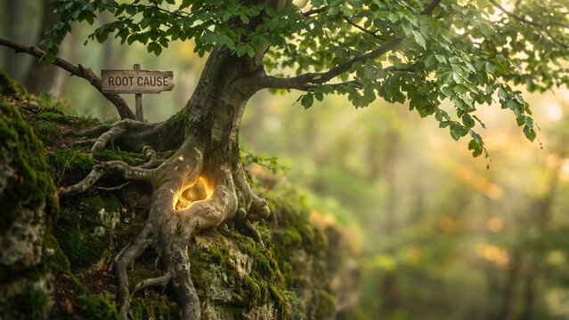 Glowing hollow in ancient mossy tree beside wooden signpost in enchanted forest, concept for root cause analysis and discovering origin of an issue