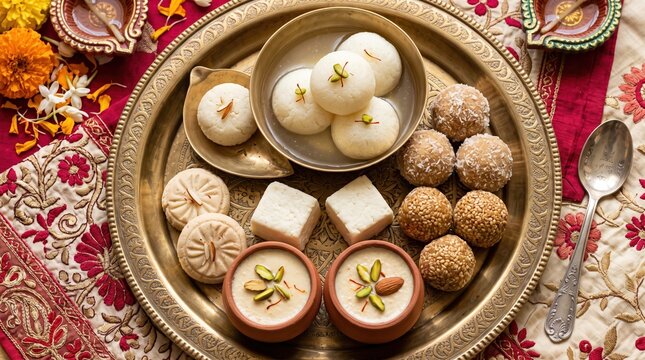 Assortment of Bengali mishti sweets on ornate brass plate for Poila Boishakh. Traditional desserts roshogolla sandesh and mishti doi for Bengali New Year