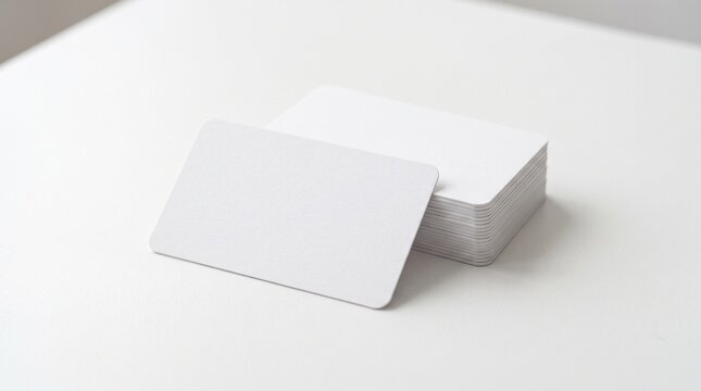 Blank white business card stack mockup with rounded corners on white table, ideal for corporate identity design, branding presentation, and name card display.