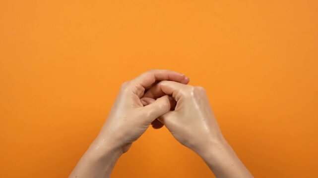 Six steps of proper handwashing technique on orange background