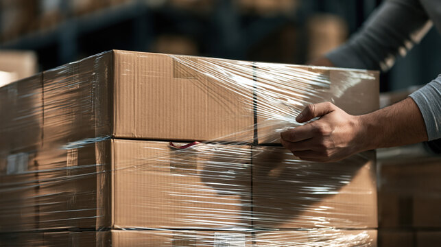 A person wraps a stack of cardboard boxes with clear plastic wrap in a warehouse