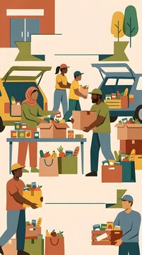 Diverse Volunteers Organizing Food Drive and Packing Grocery Donations for Charity Event