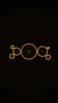 Golden steampunk clockwork gears and cogs rotating under falling dust particles on dark background.