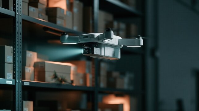 A white drone hovers between metal shelves ed with cardboard boxes in a warehouse