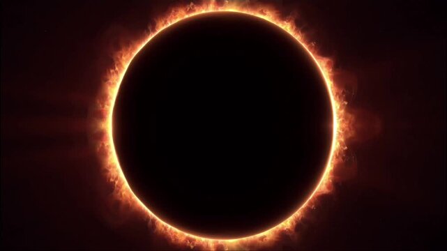 Total solar eclipse with glowing sun corona plasma flame energy ring in deep space background.