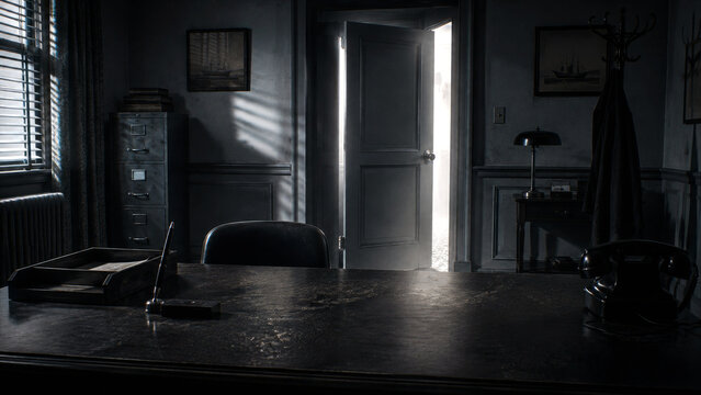 Empty vintage office with a large desk telephone filing cabinet and open door illuminated by daylight