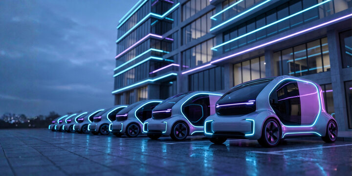 Fleet of futuristic driverless electric pods parked beside modern smart city building, concept for autonomous mobility and sustainable urban transportation