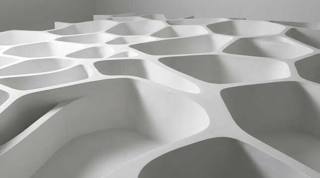 Futuristic white geometric structure featuring complex organic cellular patterns creating abstract architectural depth and perspective lighting