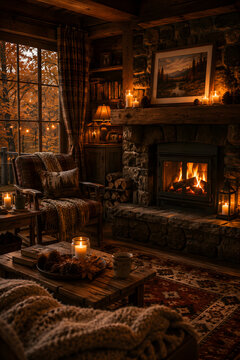 Cozy Cabin Living Room with Burning Fireplace, Warm Candlelight, and Autumn Forest View Through Window, Rustic Hygge Interior