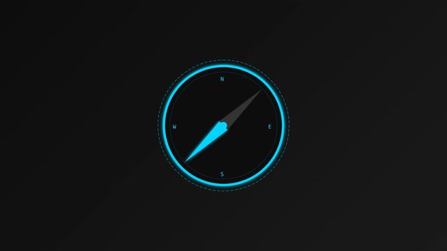 Minimalist Digital Compass Icon with Glowing Blue Needle on Dark Background