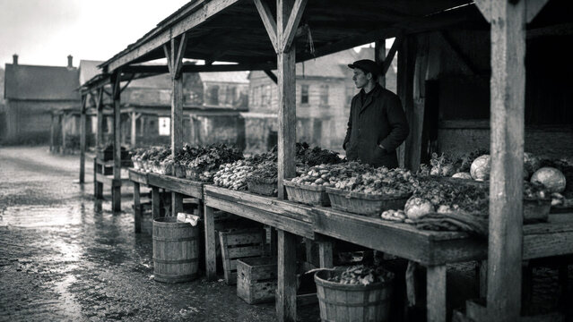 Vintage outdoor market stall with a male vendor standing behind baskets of fresh vegetables on a rainy day