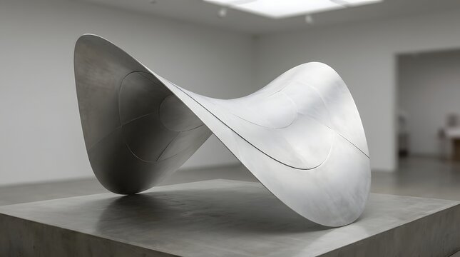 Modern abstract metallic sculpture featuring smooth curved surfaces displayed gracefully inside a bright art gallery exhibition room interior