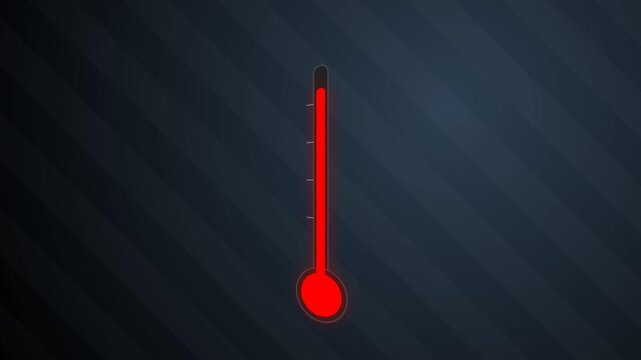 Minimalist thermometer icon with glowing red bulb on a dark diagonal striped background