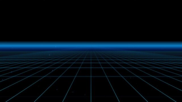 Abstract futuristic digital landscape with a glowing blue perspective grid background