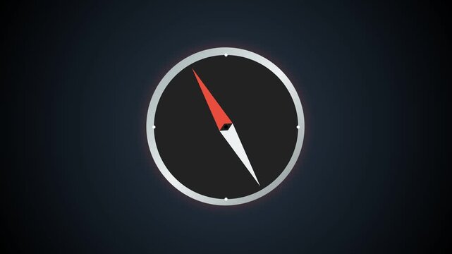 Minimalist compass graphic with red and white needle on dark background