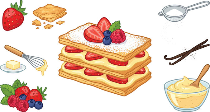 Sweet napoleon cake vector illustration featuring strawberry raspberry blueberry cream bowl whisk and powdered sugar sifter icon set for bakery design.