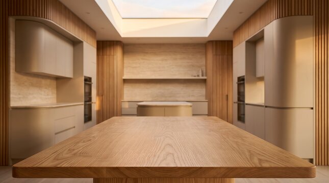 Honey Ash Tabletop in Organic Modern Kitchen with Curved Beige Cabinetry and Limestone Details