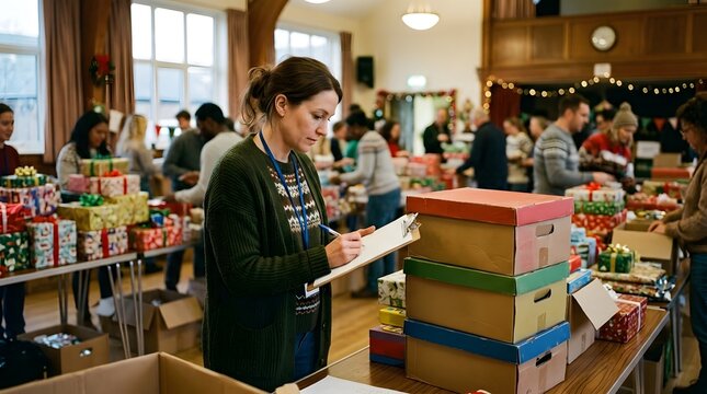Female volunteer checking donation list on clipboard at busy Christmas charity event