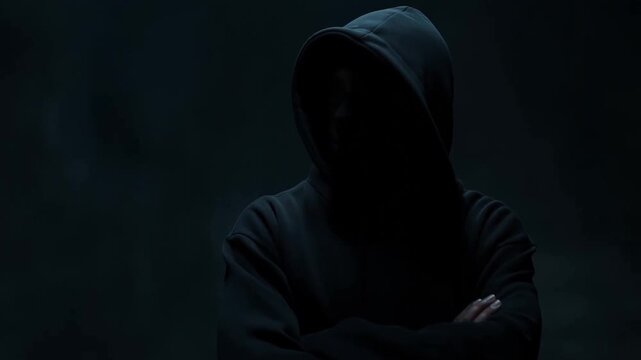 Hooded anonymous person stands with crossed arms in a dark shadowy setting. Cybersecurity advertising, online privacy campaigns, and cybercrime documentaries.