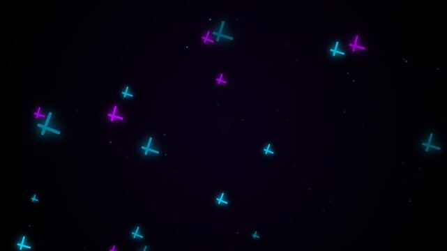 Abstract background of neon plus signs and dots on a dark backdrop