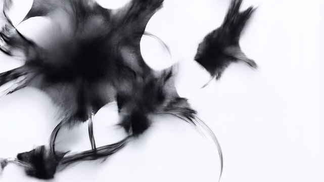 Black ink-like fluid shapes spread and morph across a white background with soft diffusion and blurred edges. Energy animation combines soft blur with expanding particle motion.