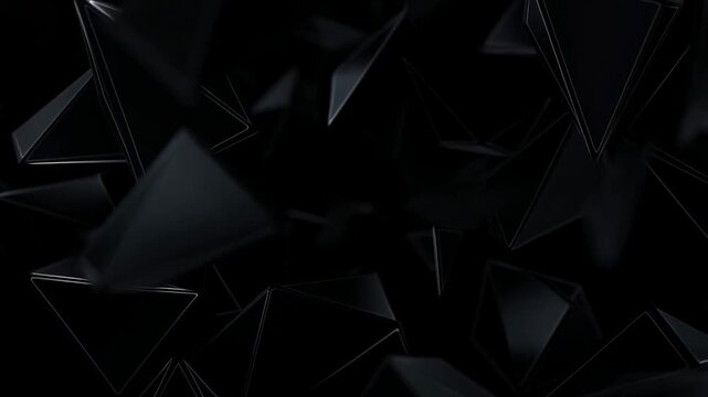 Dark translucent triangular shapes float and rotate slowly against a black background. Animated background combines subtle glow on edges with layered depth.