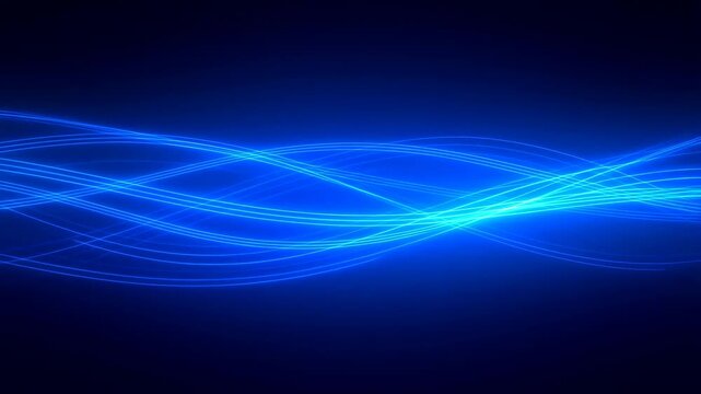 Glowing blue and cyan wave lines flow and intersect smoothly over a dark gradient background. Futuristic backdrop inspired by energy flow and wave motion.