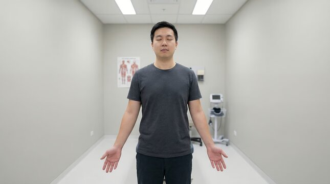 Neurological balance assessment of an Asian patient standing with eyes closed in a clinic examination room for physical therapy and diagnostic healthcare