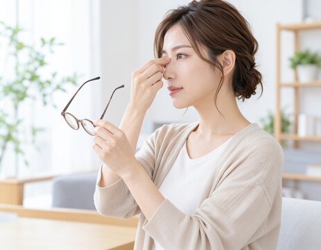 眼鏡を手に持ち鼻の付け根に触れて目を休める女性
