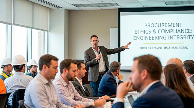 A man presenting a lecture on procurement ethics and compliance with engineering integrity to a group of professionals.