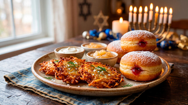 Hanukkah festive food plate with potato latkes and jelly sufganiyot donuts
