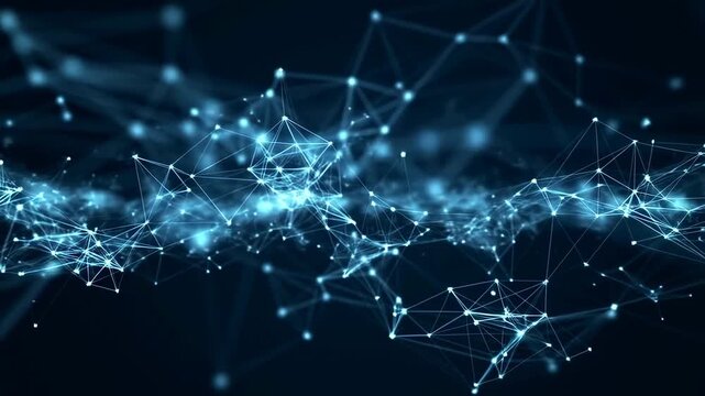 Glowing blue and cyan nodes connect and pulse dynamically across a shifting digital network mesh on a dark background. Animated texture shows points and lines with flowing movement.